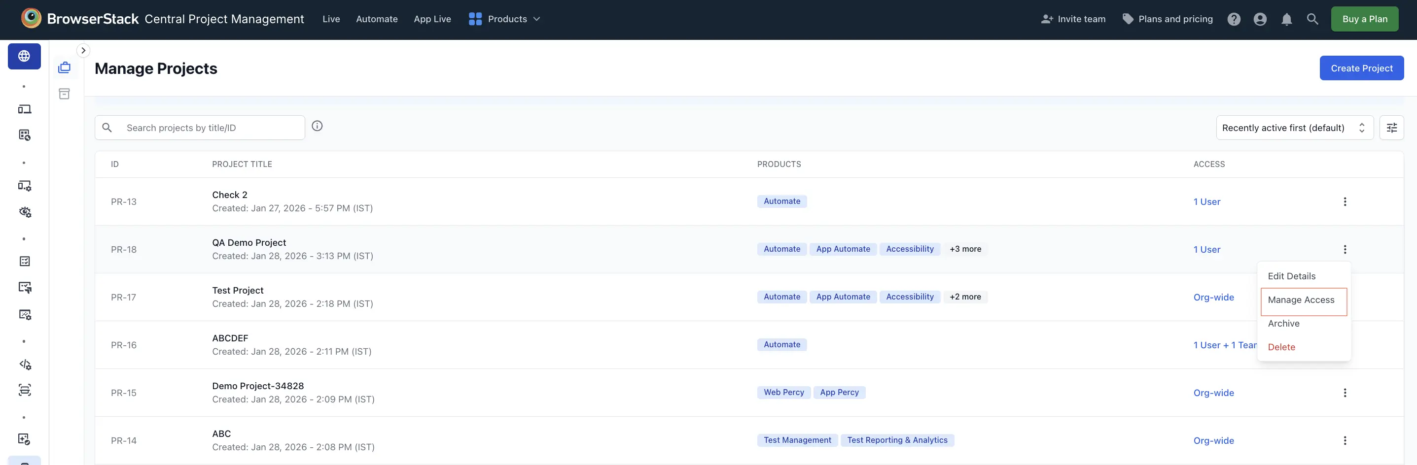 Manage Projects page showing project list and access options