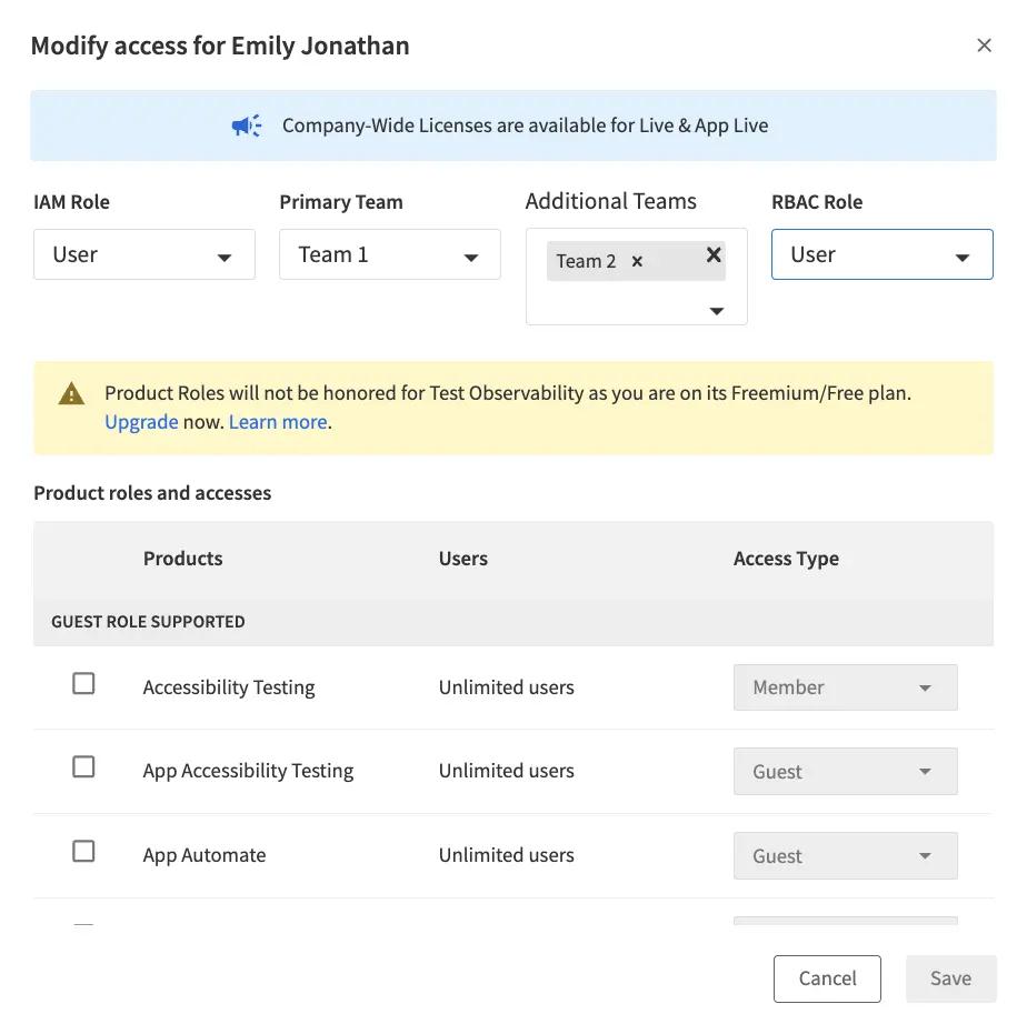 The Modify user access dialog in BrowserStack, showing options to change IAM role, RBAC role, and product access