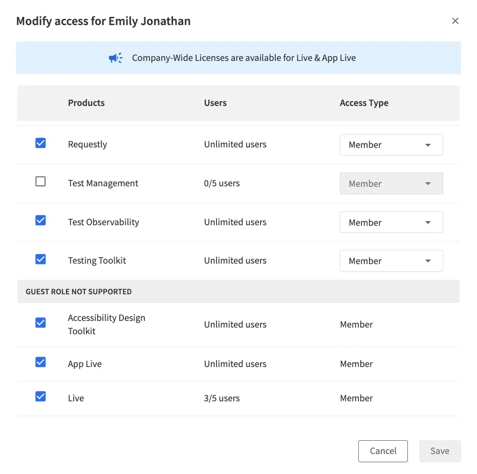 The modify user access dialog in BrowserStack, showing products that do not support the guest role