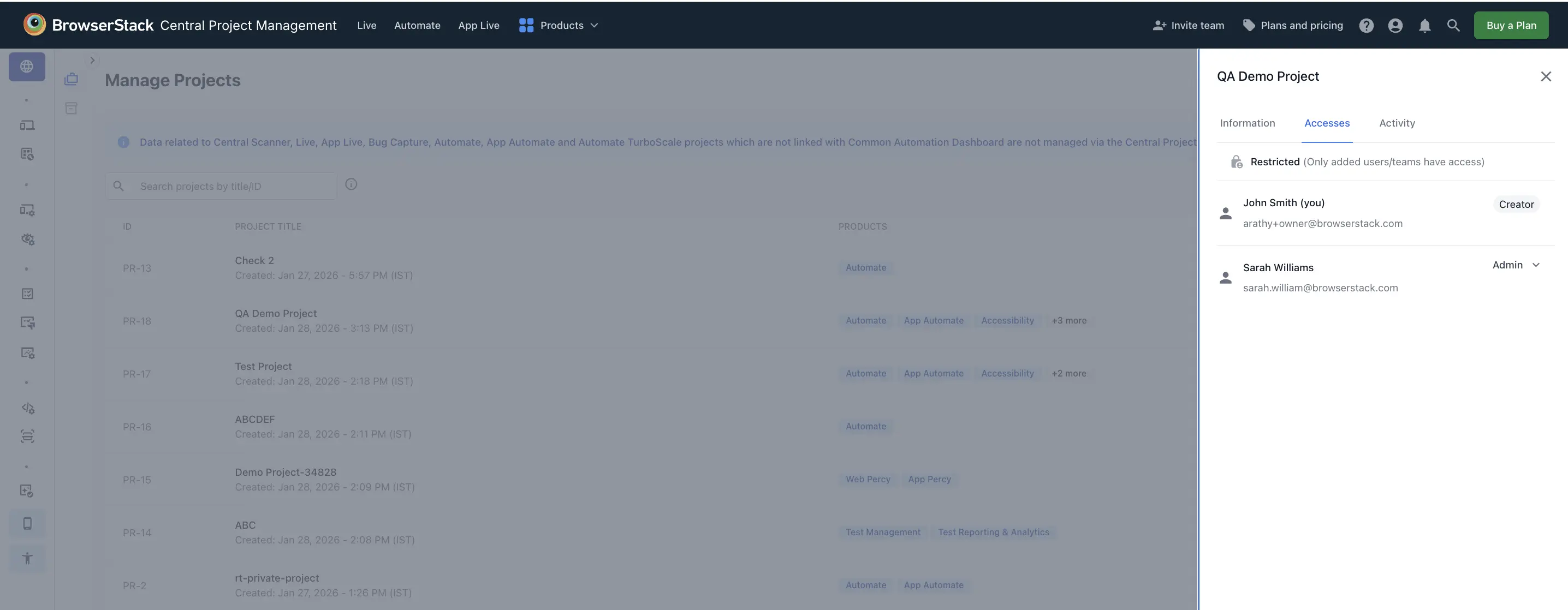 Project access list showing updated roles