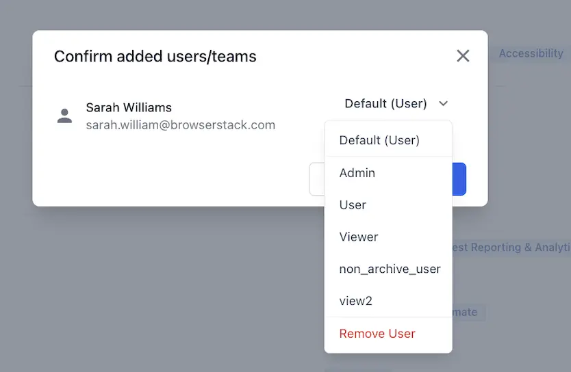 Role selection dropdown for user in project