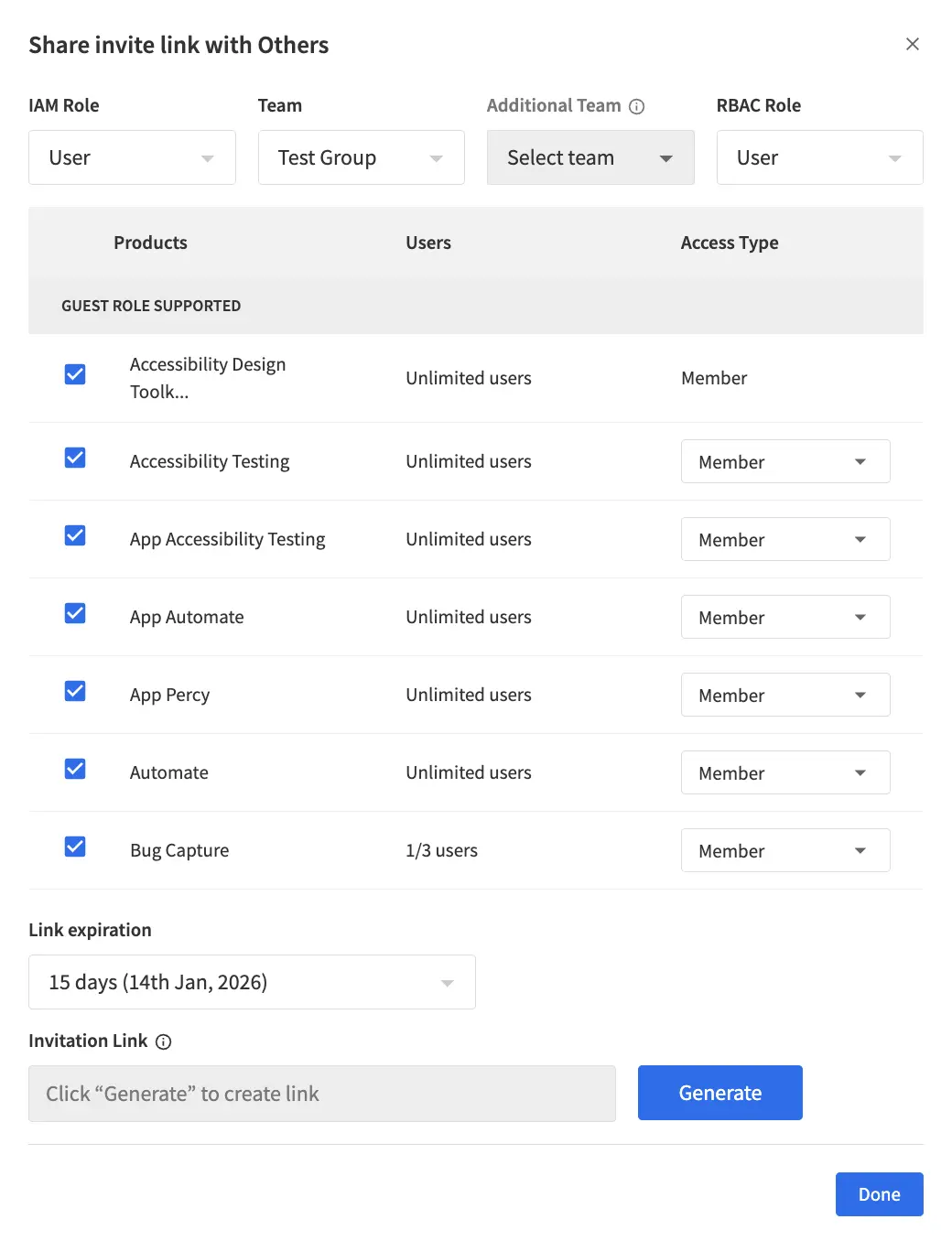 Share invite link with users dialog showing IAM Role, RBAC Role, team selection, and product access options