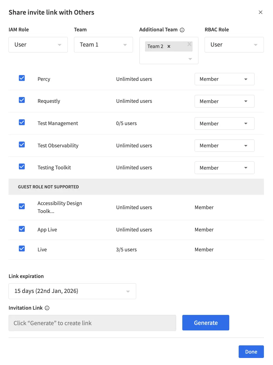 Share invite link with users dialog showing IAM Role, RBAC Role, team selection, and product access options