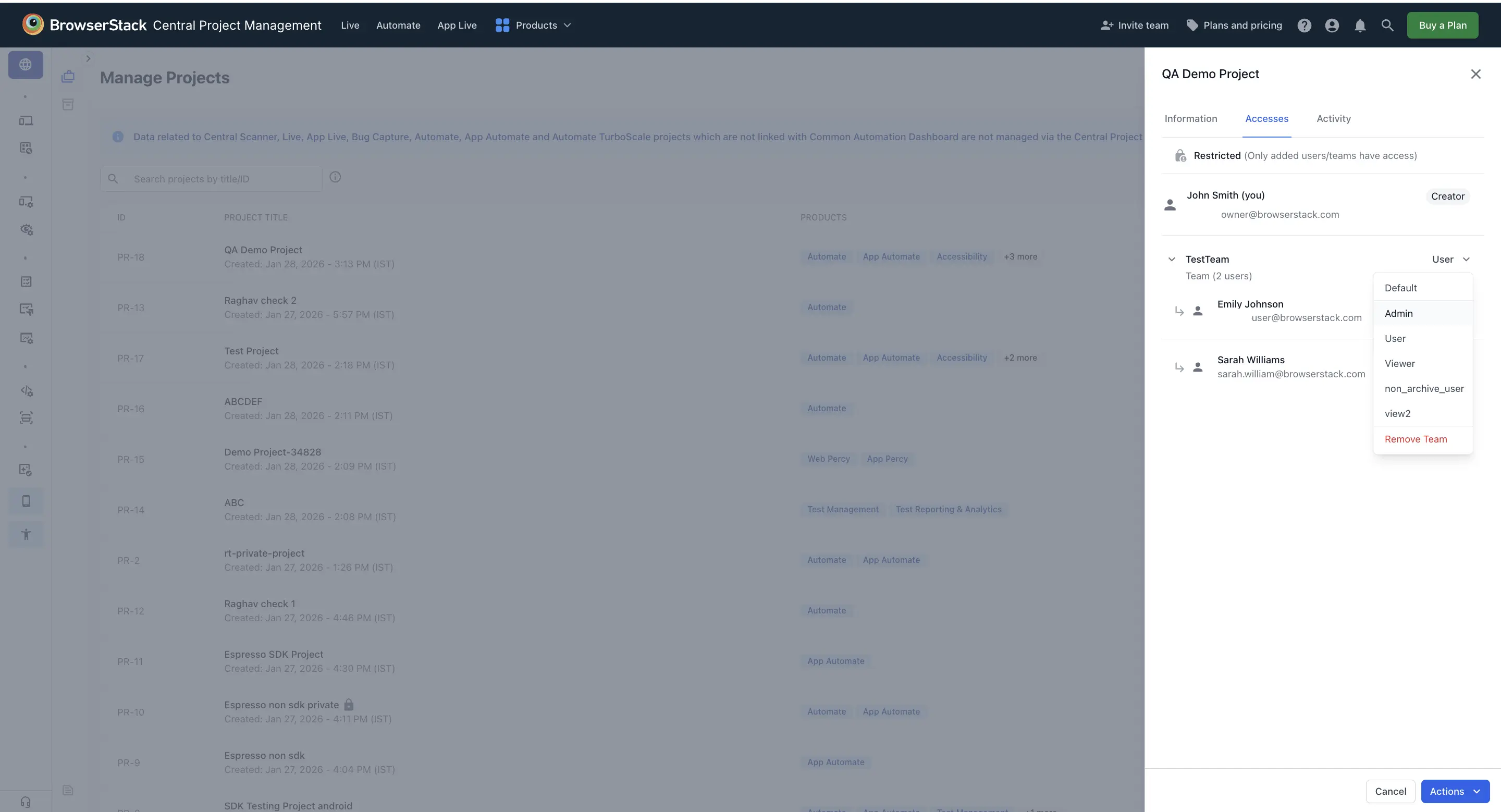 Team role selection dropdown in project access