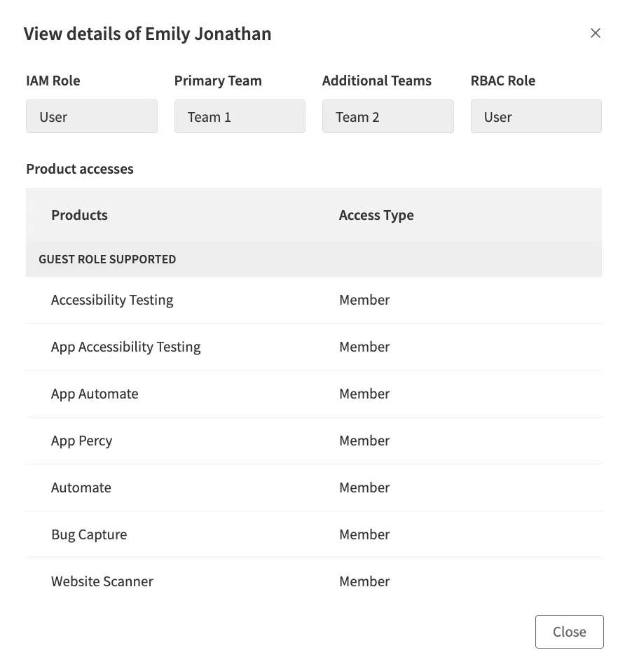 The user details page in BrowserStack, displaying IAM role, RBAC role, and product access information and products that support the guest role