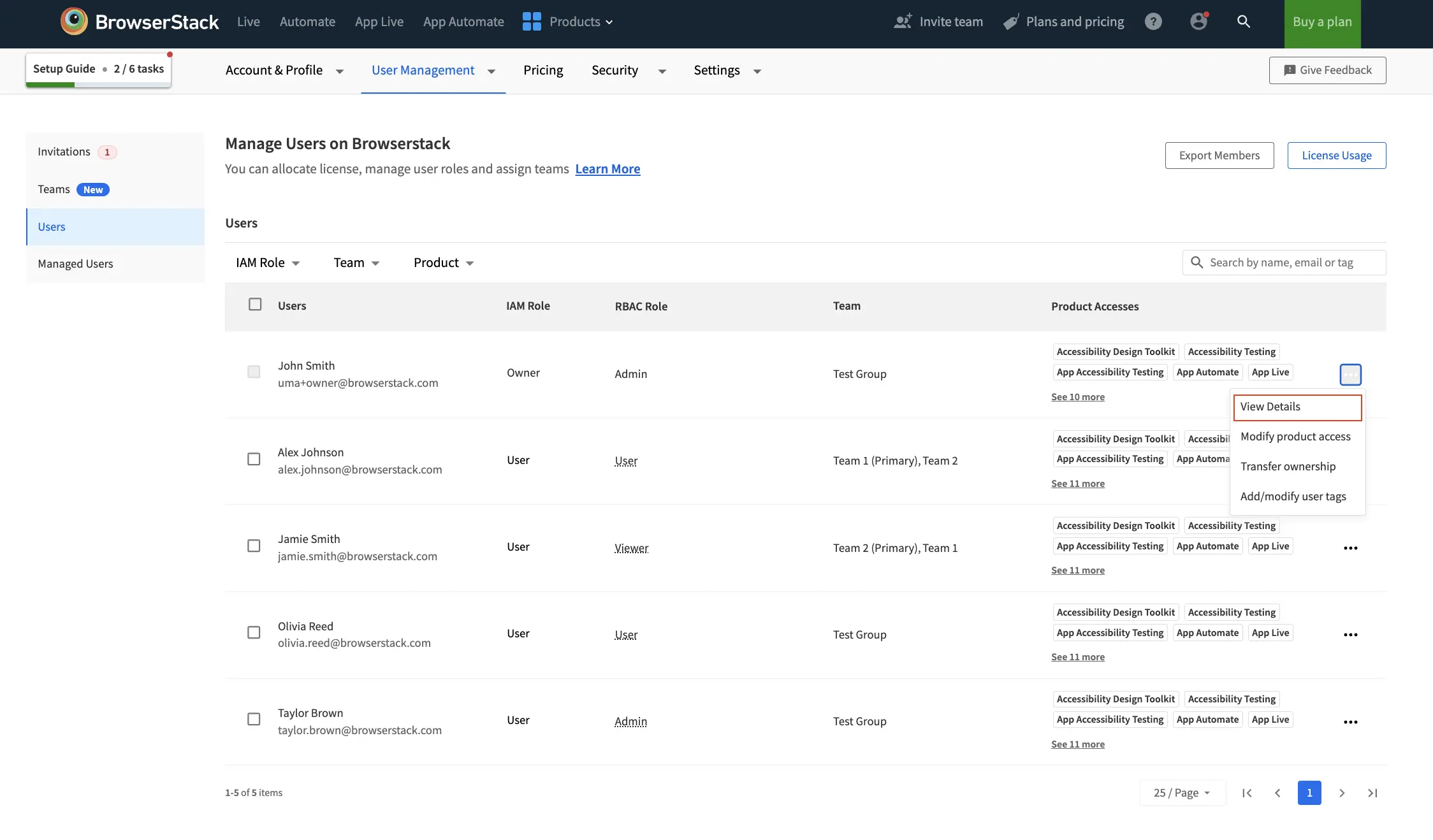 The BrowserStack user management screen showing a list of users with clickable names to view details