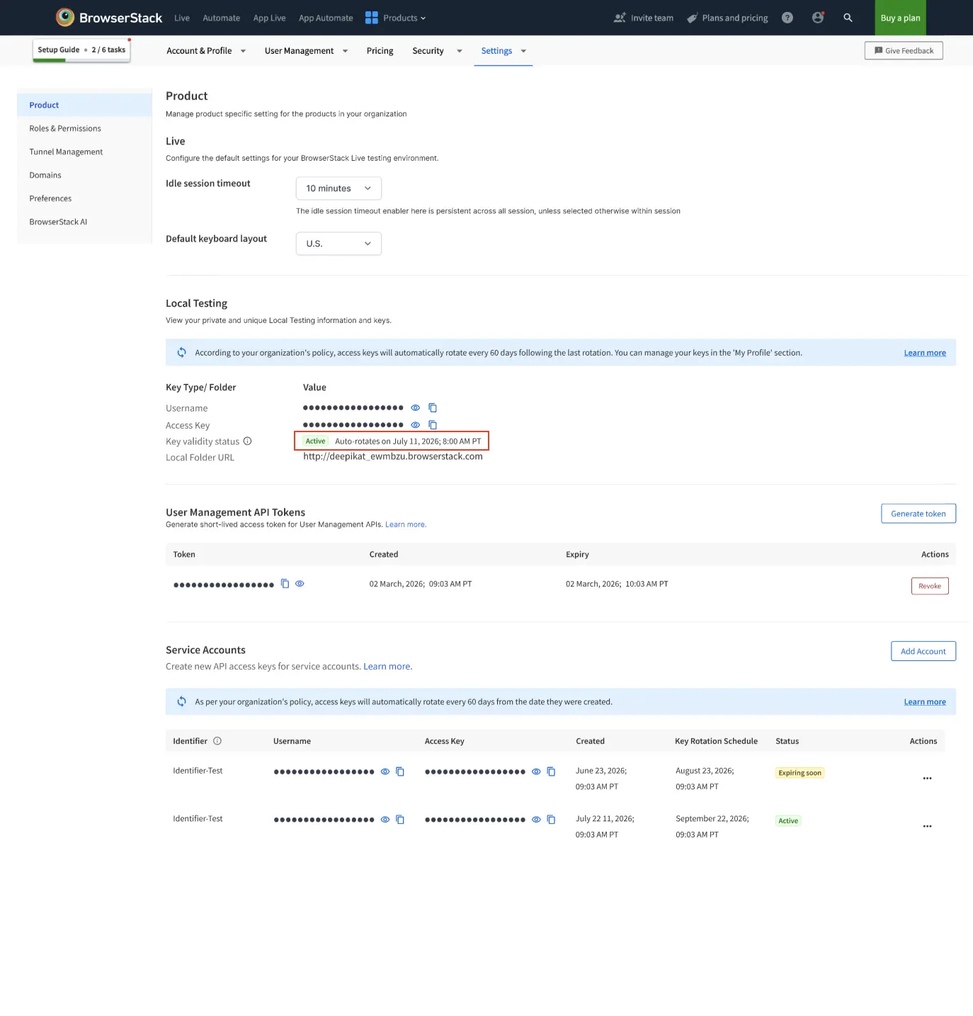 The Key validity status field and Service Accounts table showing the next auto-rotation date for each key.