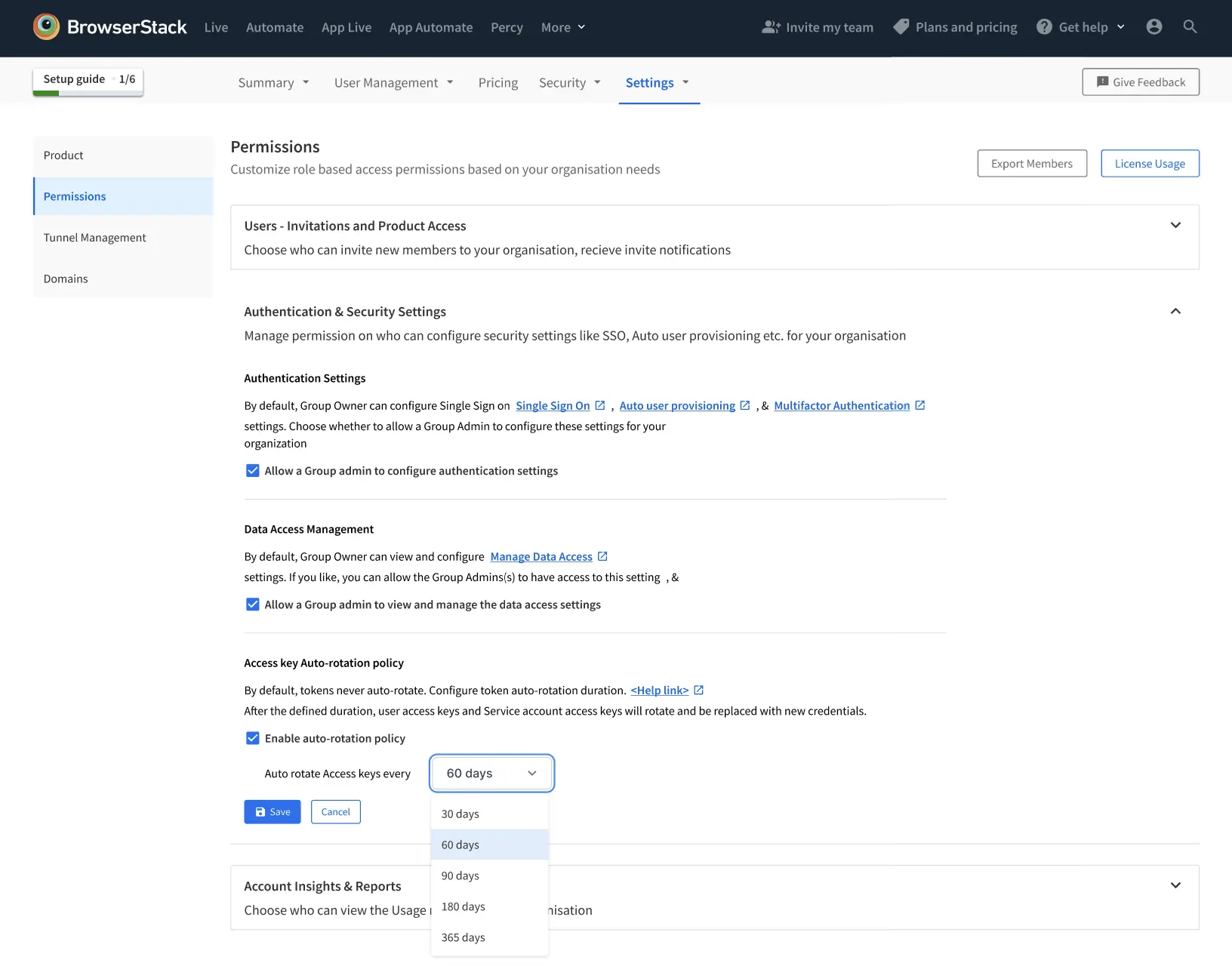 The Access key Auto-rotation policy enabled with the rotation duration list expanded.