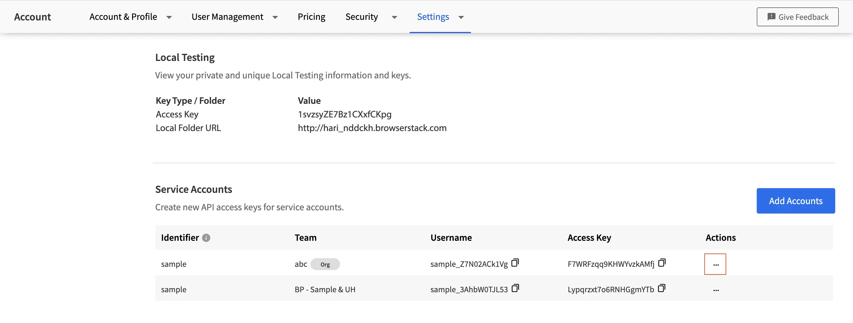 Screenshot showing the three dots icon next to service account