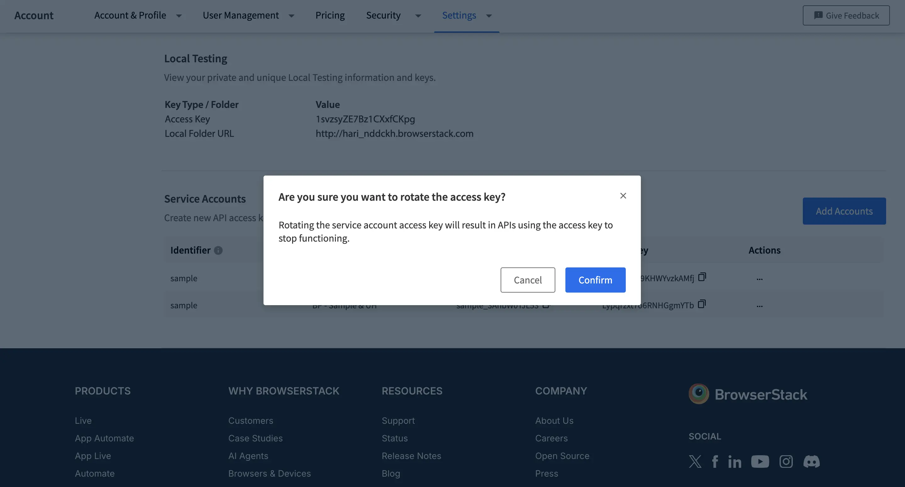 Screenshot showing a dialog to confirm the rotation of access keys