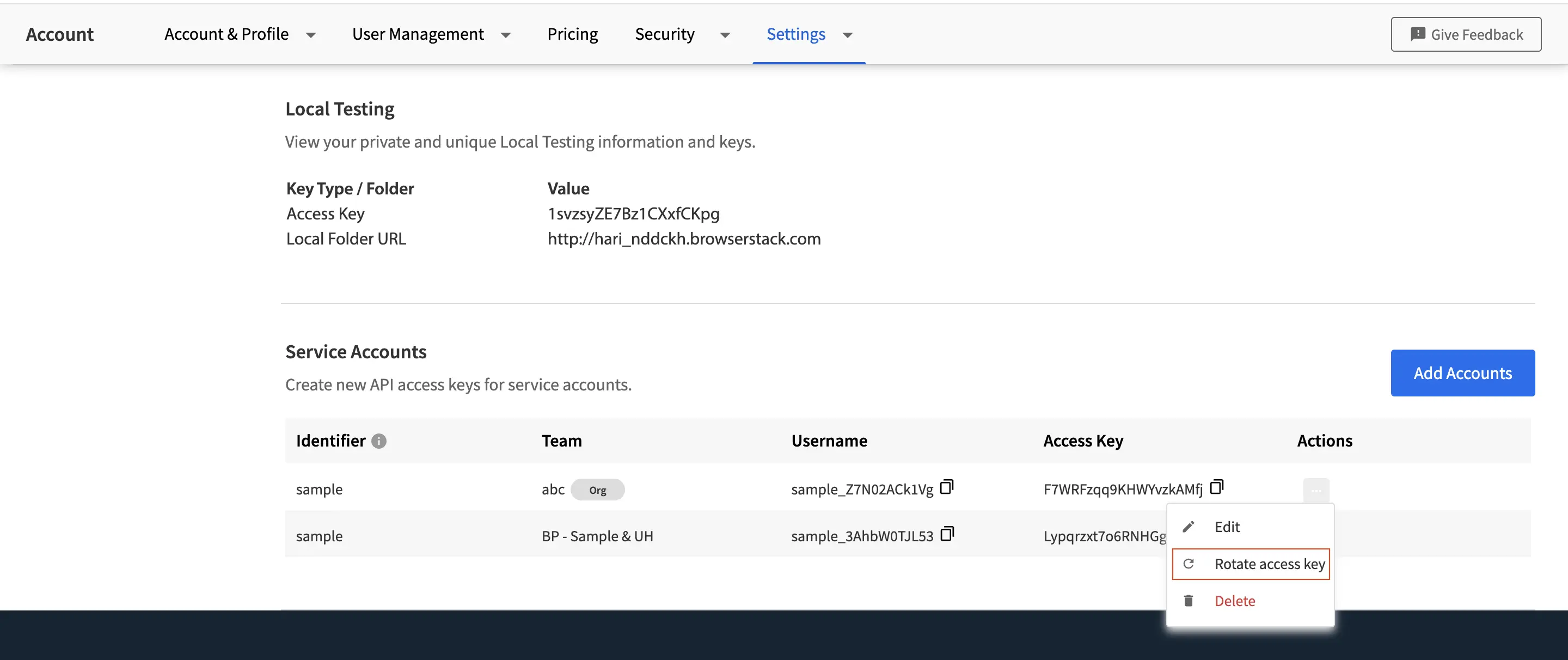 Screenshot showing options to click the Rotate access keys button 