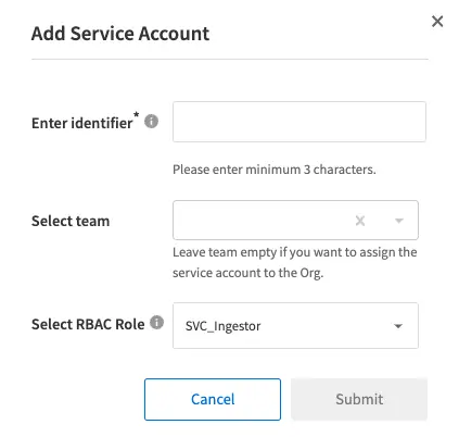 The Add Service Account dialog showing role selection and product access options