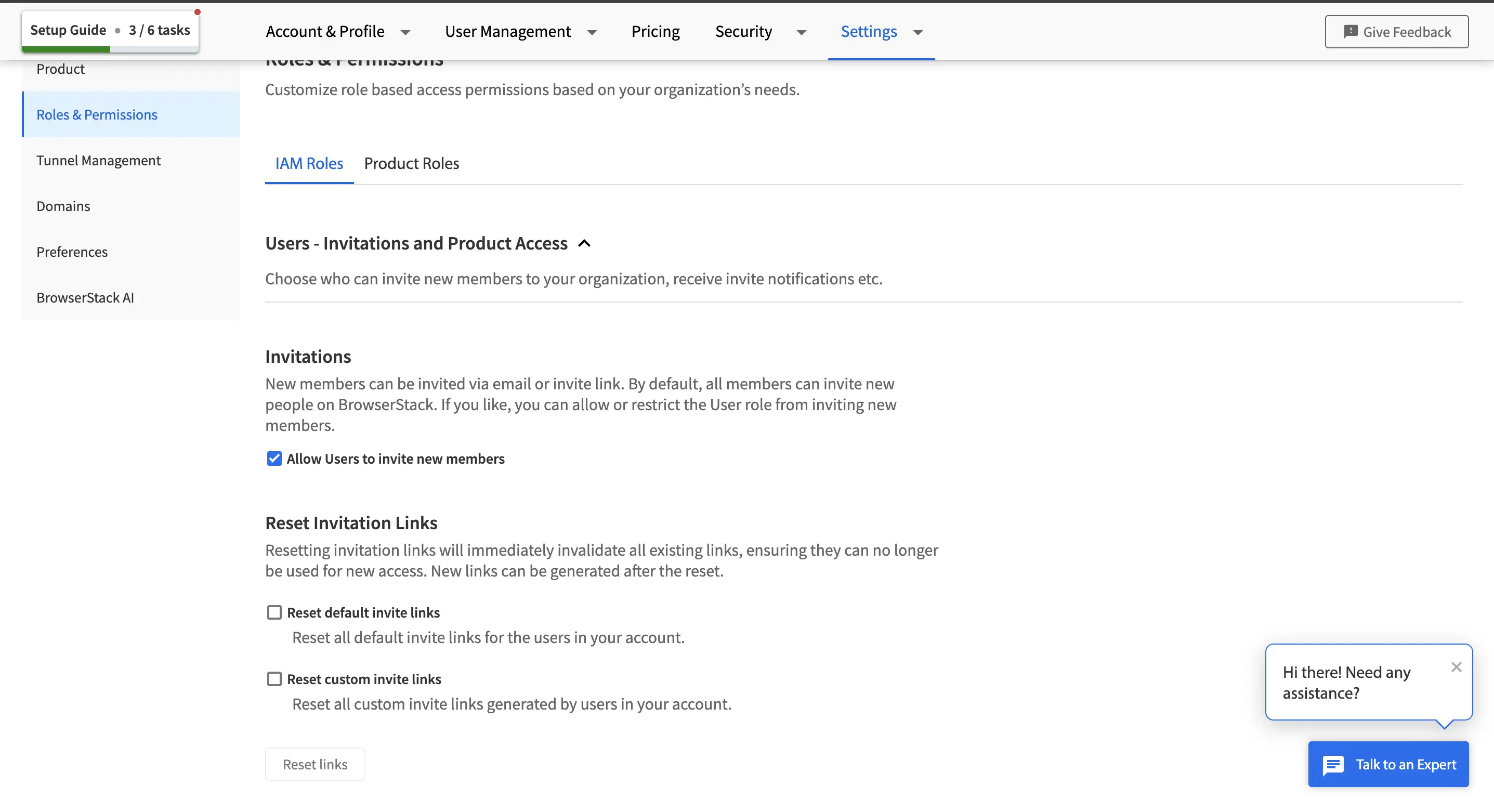 Reset invitation links UI showing options to reset default and custom invite links