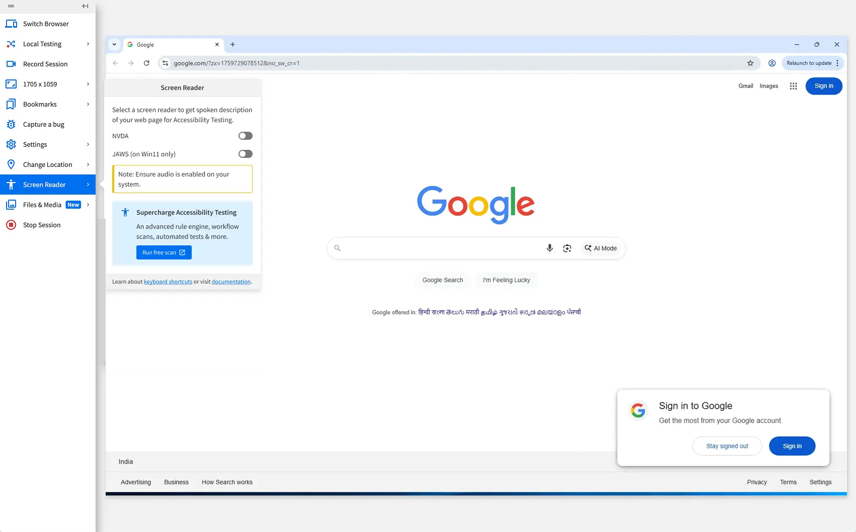 An active Live test session with the Screen Reader settings menu open.