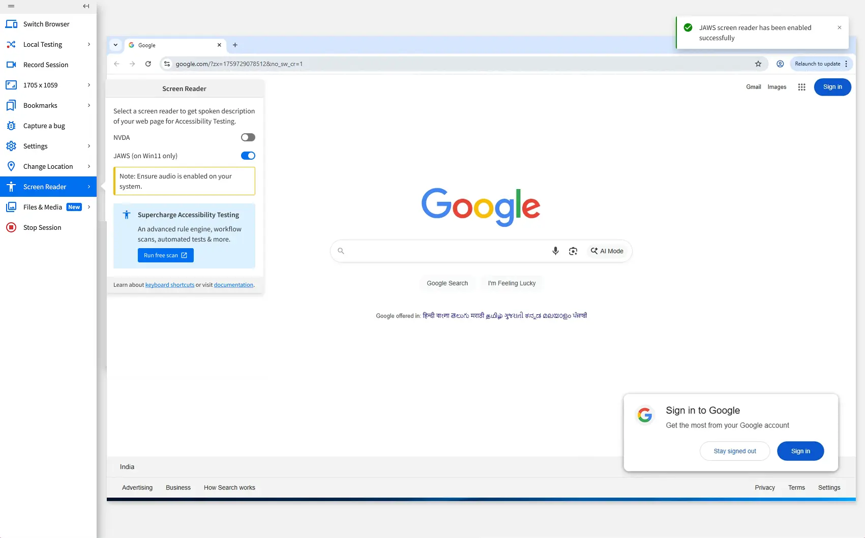 The Screen Reader settings menu with the toggle switched on to enable JAWS.