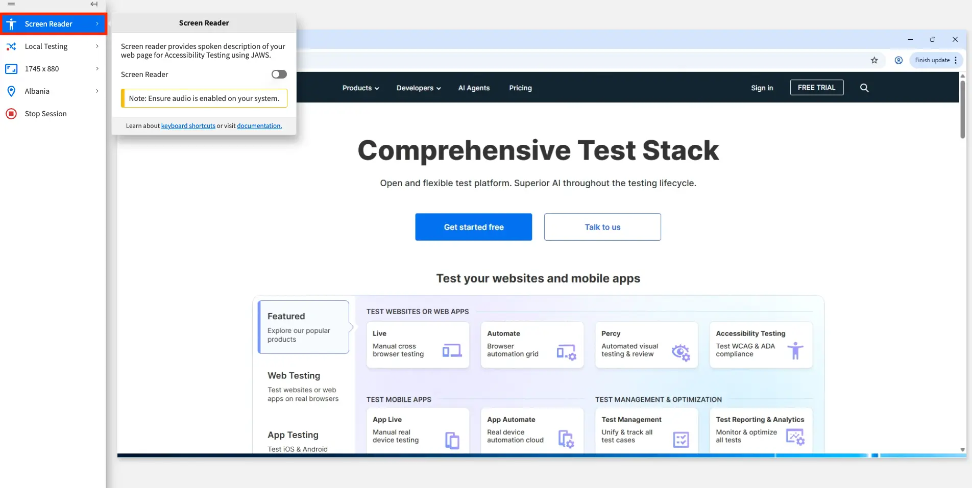 The Screen Reader button in an active BrowserStack Live test session.