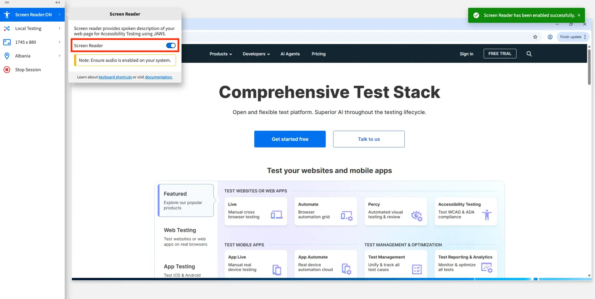 Toggling on Screen Reader