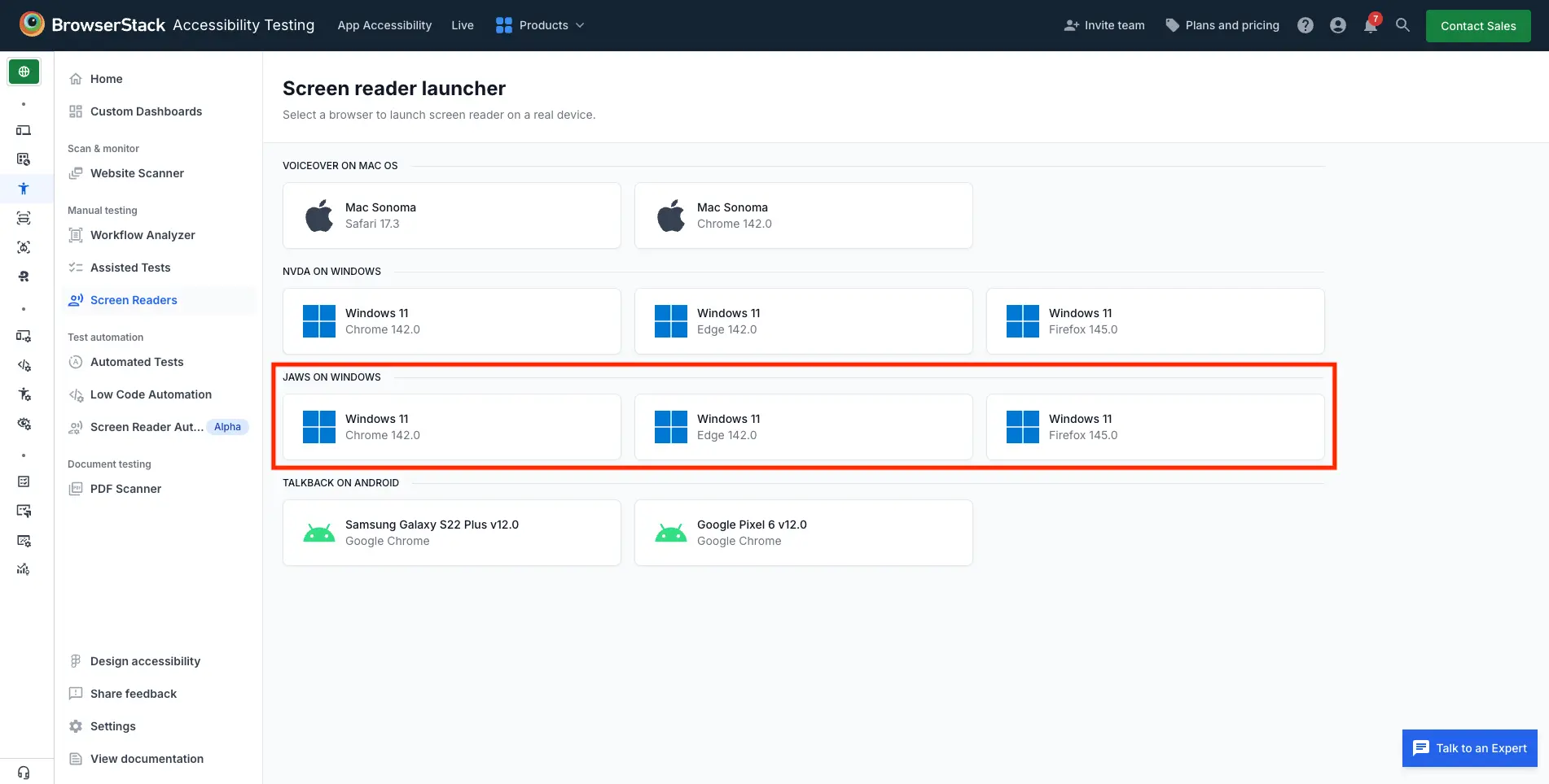 The Screen reader launcher dashboard displaying device combinations that support JAWS screen reader testing.