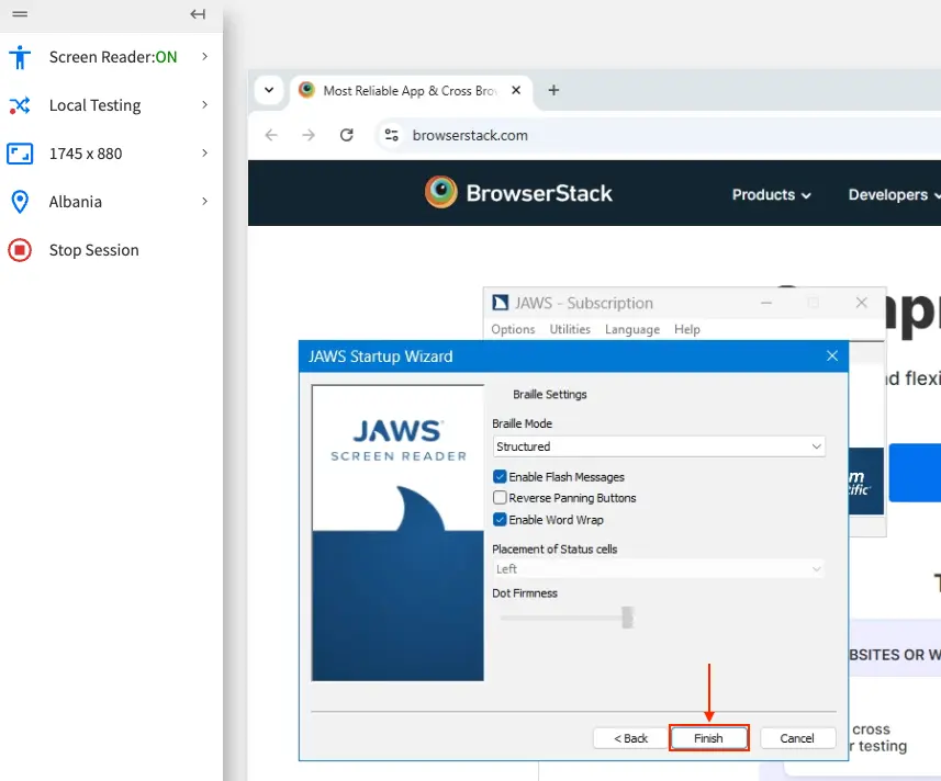 The final screen of the JAWS Startup Wizard with the Finish button highlighted.