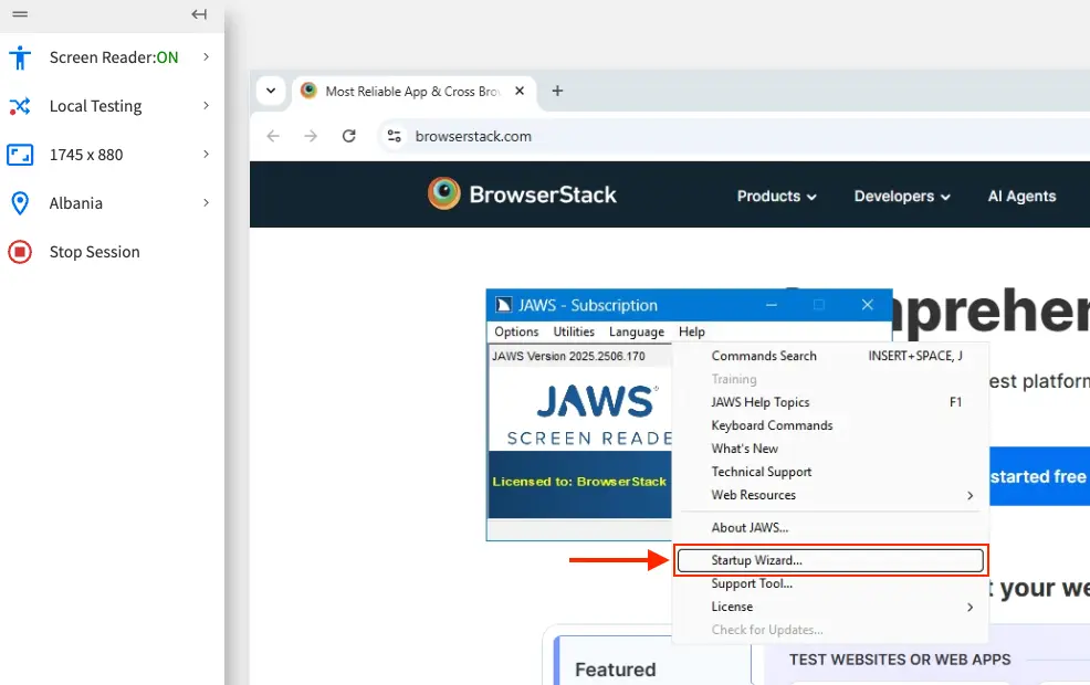 The Startup Wizard option in the JAWS Help menu.