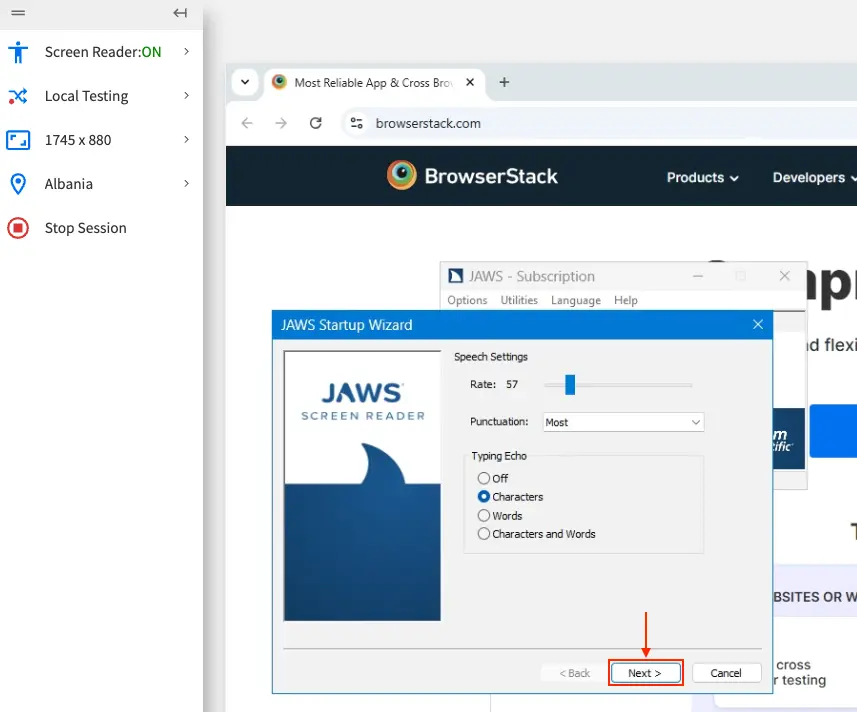 The JAWS Startup Wizard window where you can configure various JAWS settings.