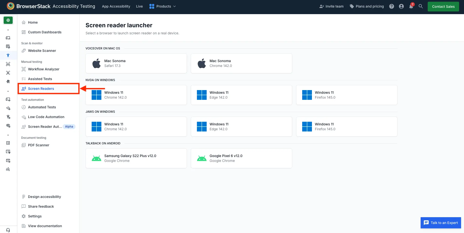 The App Accessibility dashboard with Screen Readers option highlighted.