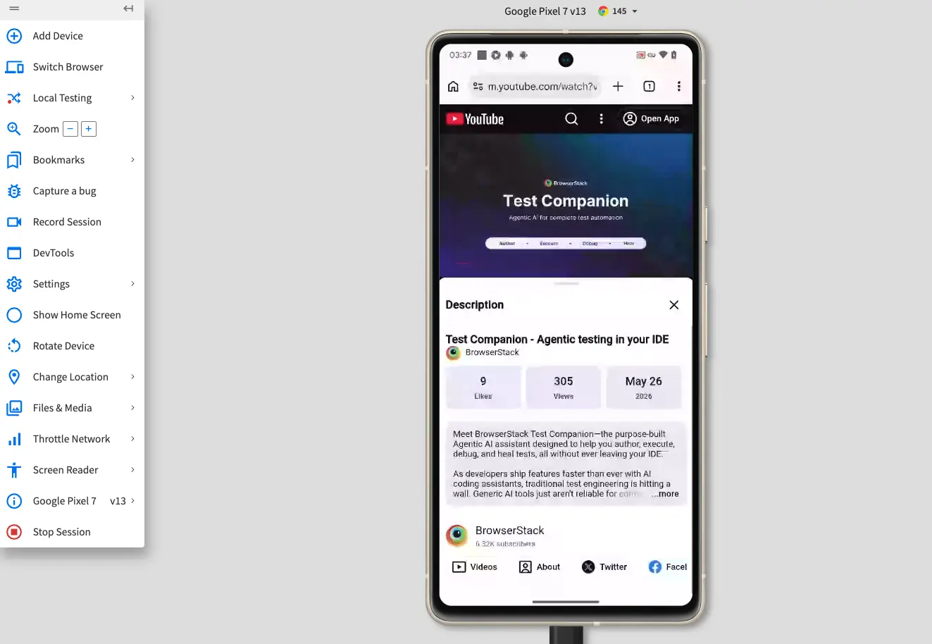 A Live session on a real Android device playing a BrowserStack channel video on YouTube, with the audio streaming to the local system.
