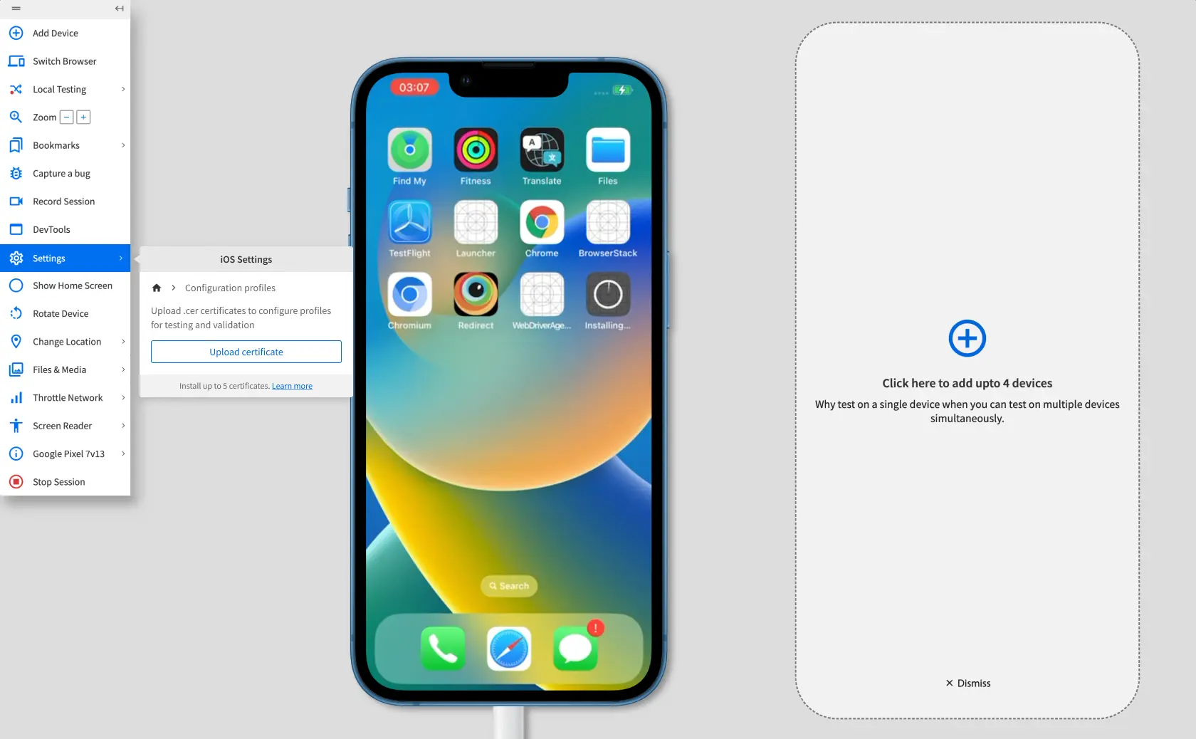The Configuration profiles prompt in a BrowserStack Live test session.