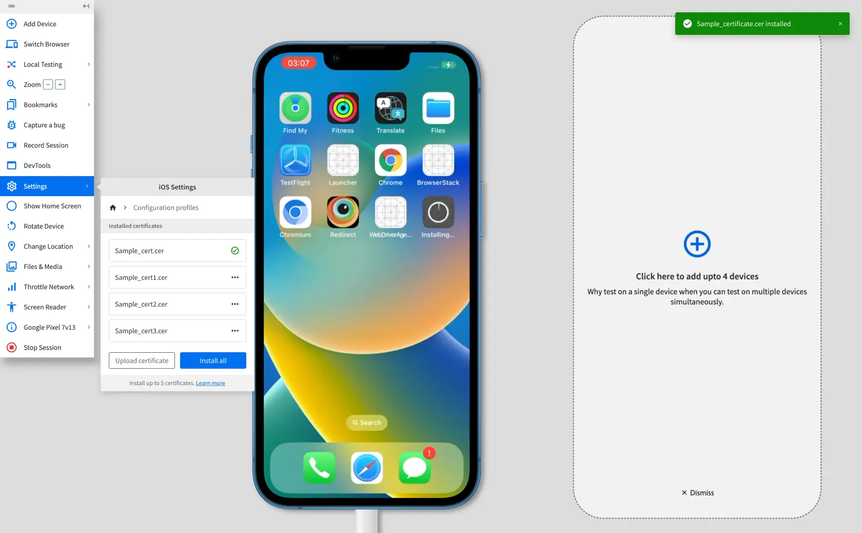 The Configuration profiles prompt with a list of installed certificates.