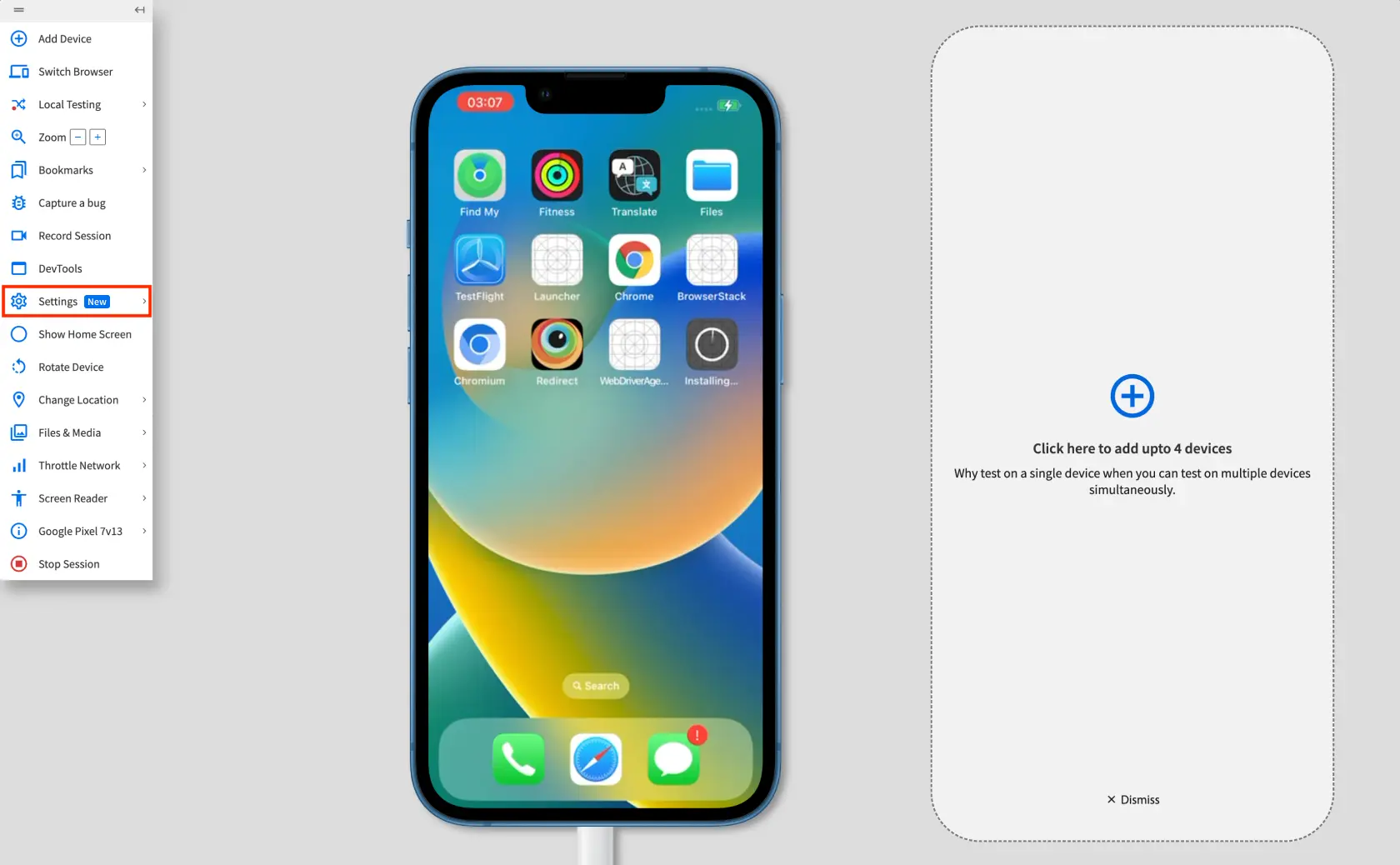 The settings prompt in a BrowserStack Live test session.