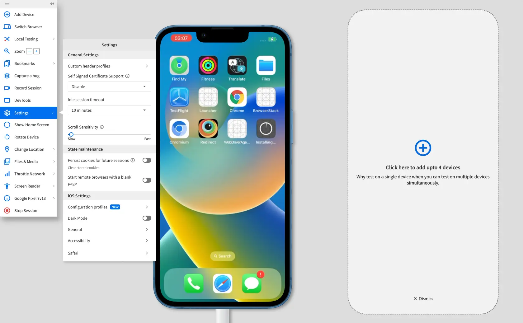 The settings prompt in a BrowserStack Live test session.