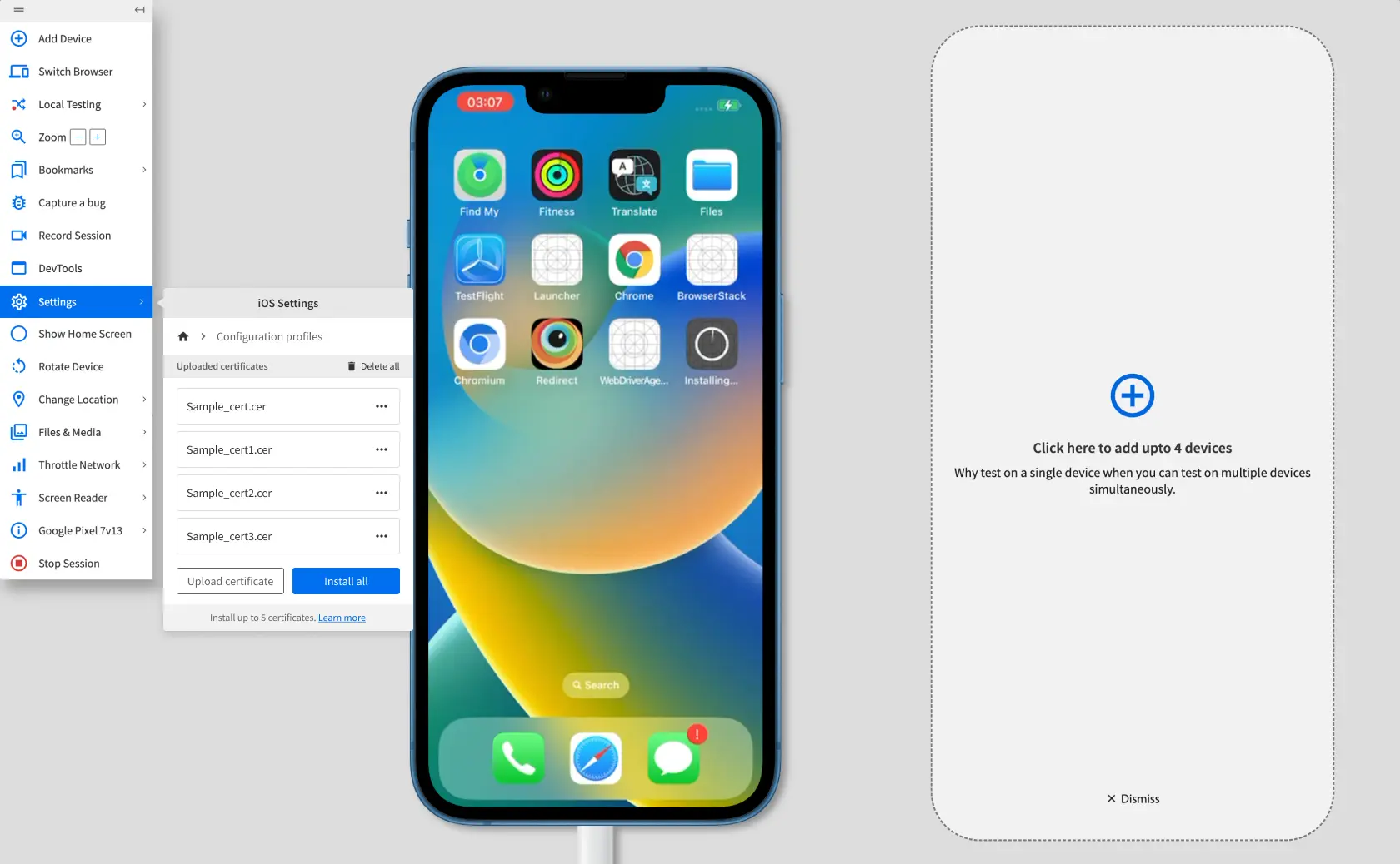 The Configuration profiles prompt with the uploaded certificate listed.