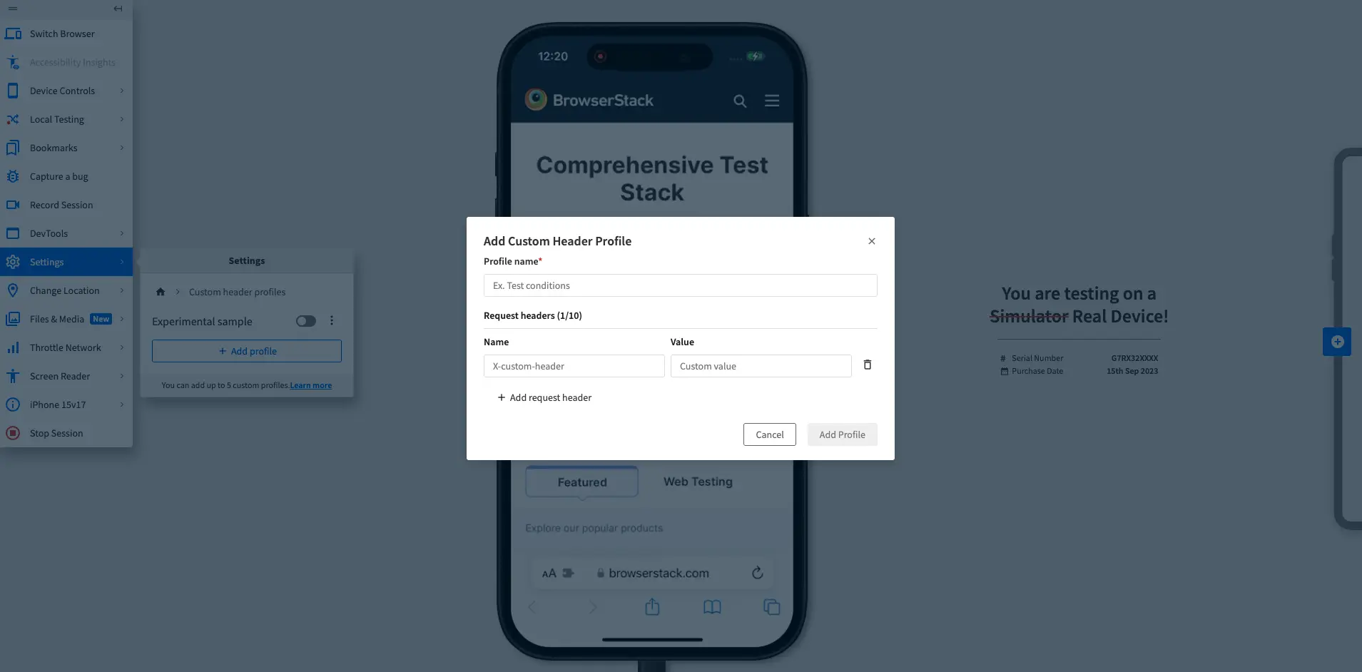 Add Custom Header Profile dialog with fields for profile name, header name, and header value.