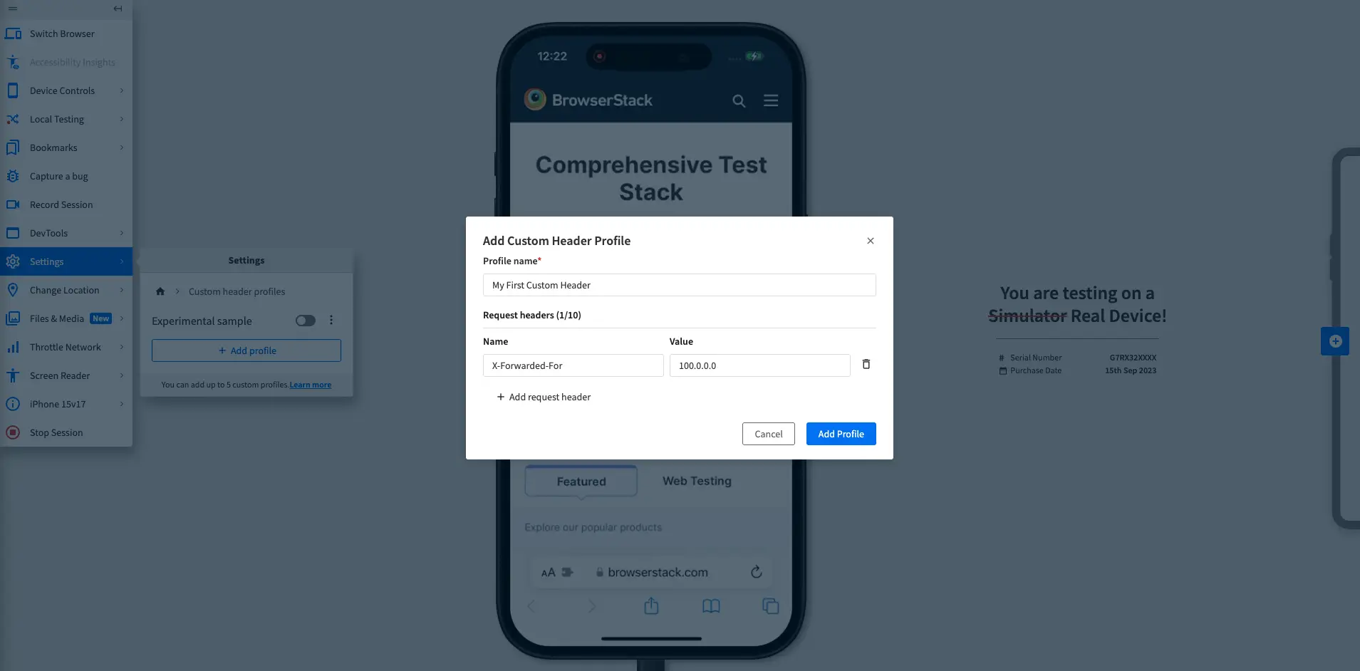 Add Custom Header Profile dialog showing example profile name, header name, and header value fields filled in.