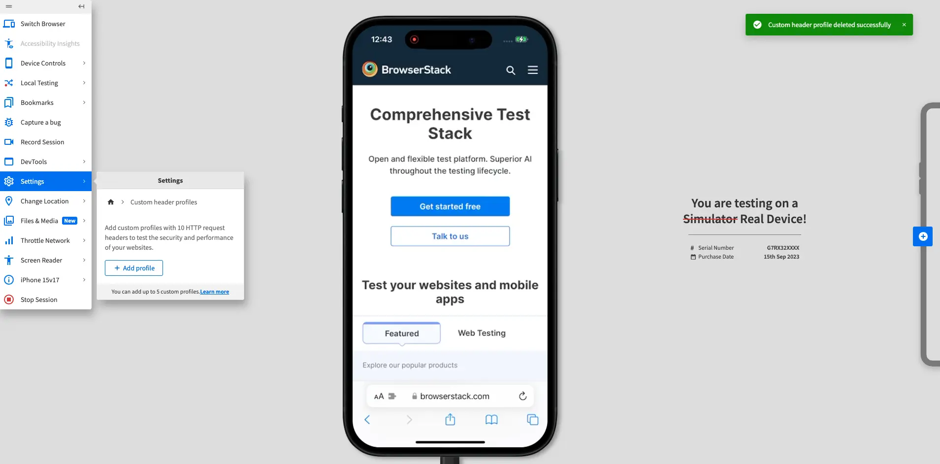 Custom header profiles prompt with a green confirmation banner on the top right corner of the dashboard.