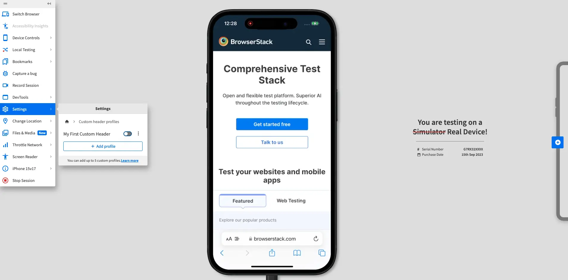 Custom header profiles prompt with no profiles enabled.