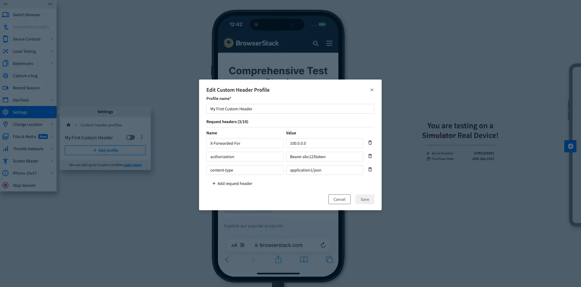 Edit Custom Header Profile dialog with editable fields for profile name, header name, and header value.