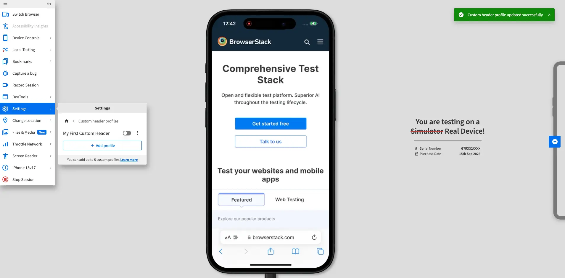 Custom header profiles prompt with a green confirmation banner on the top right corner of the dashboard.