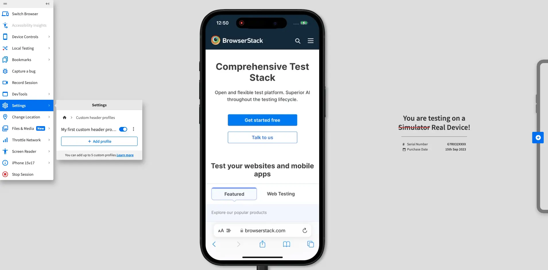 Custom header profiles prompt with one profile enabled.