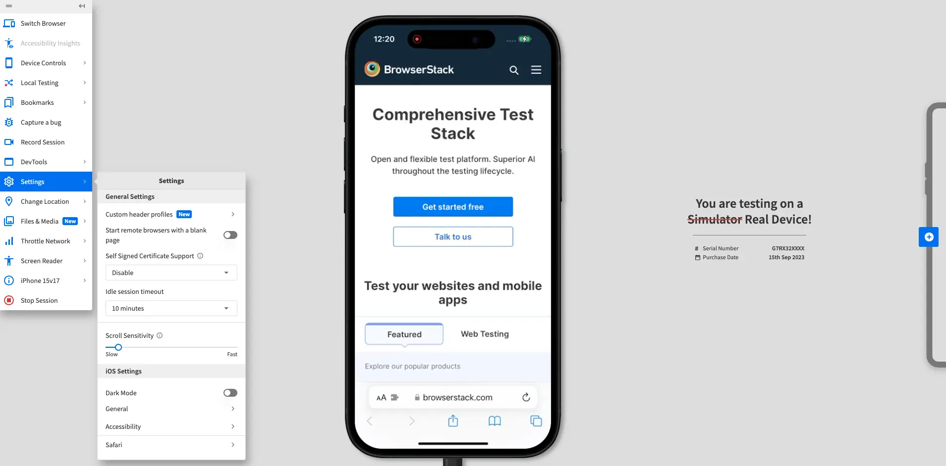 Settings prompt in a BrowserStack Live test session.