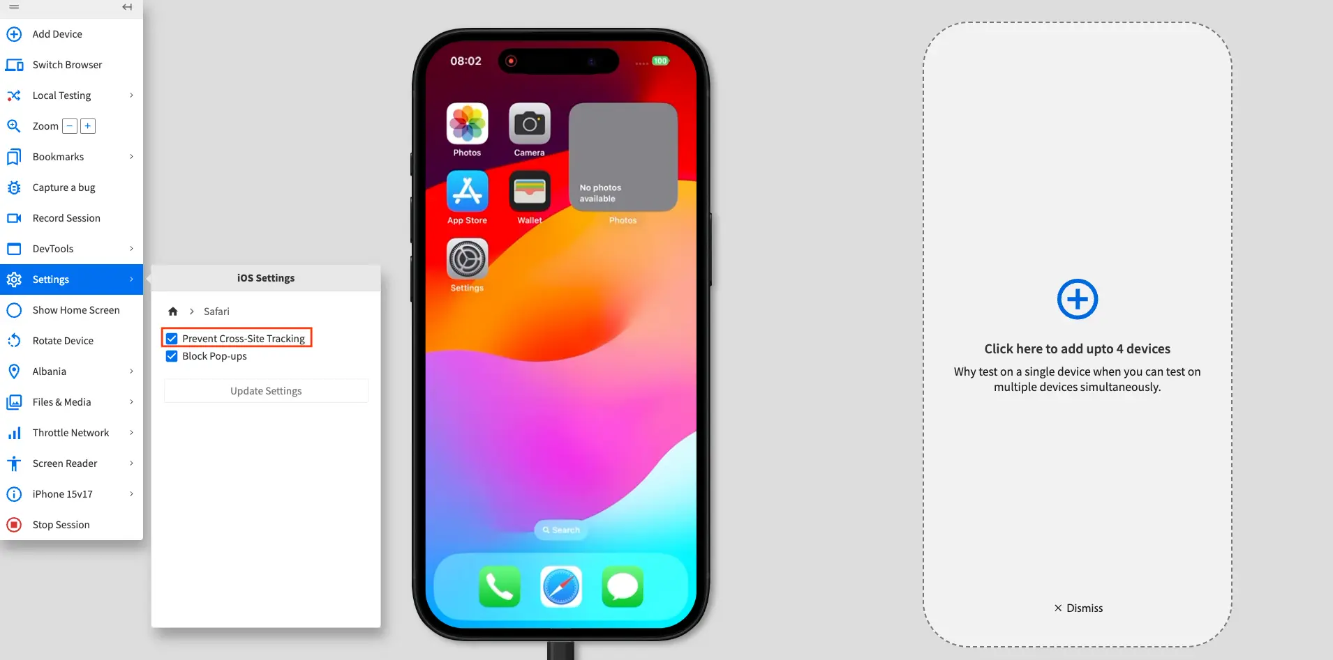 A BrowserStack Live session showing the Prevent Cross-Site Tracking setting turned off.