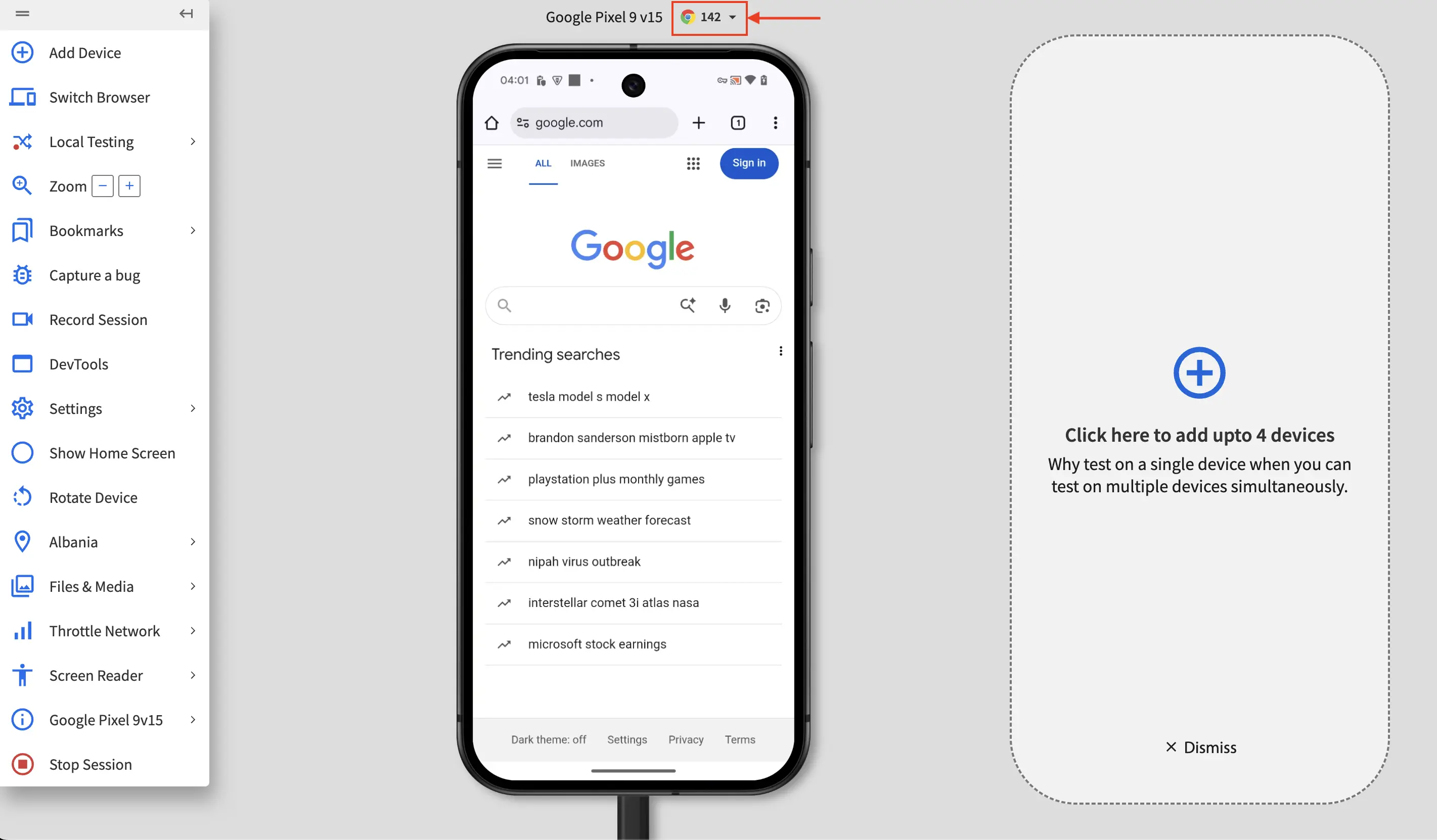 BrowserStack live test session with the browser version dropdown highlighted.