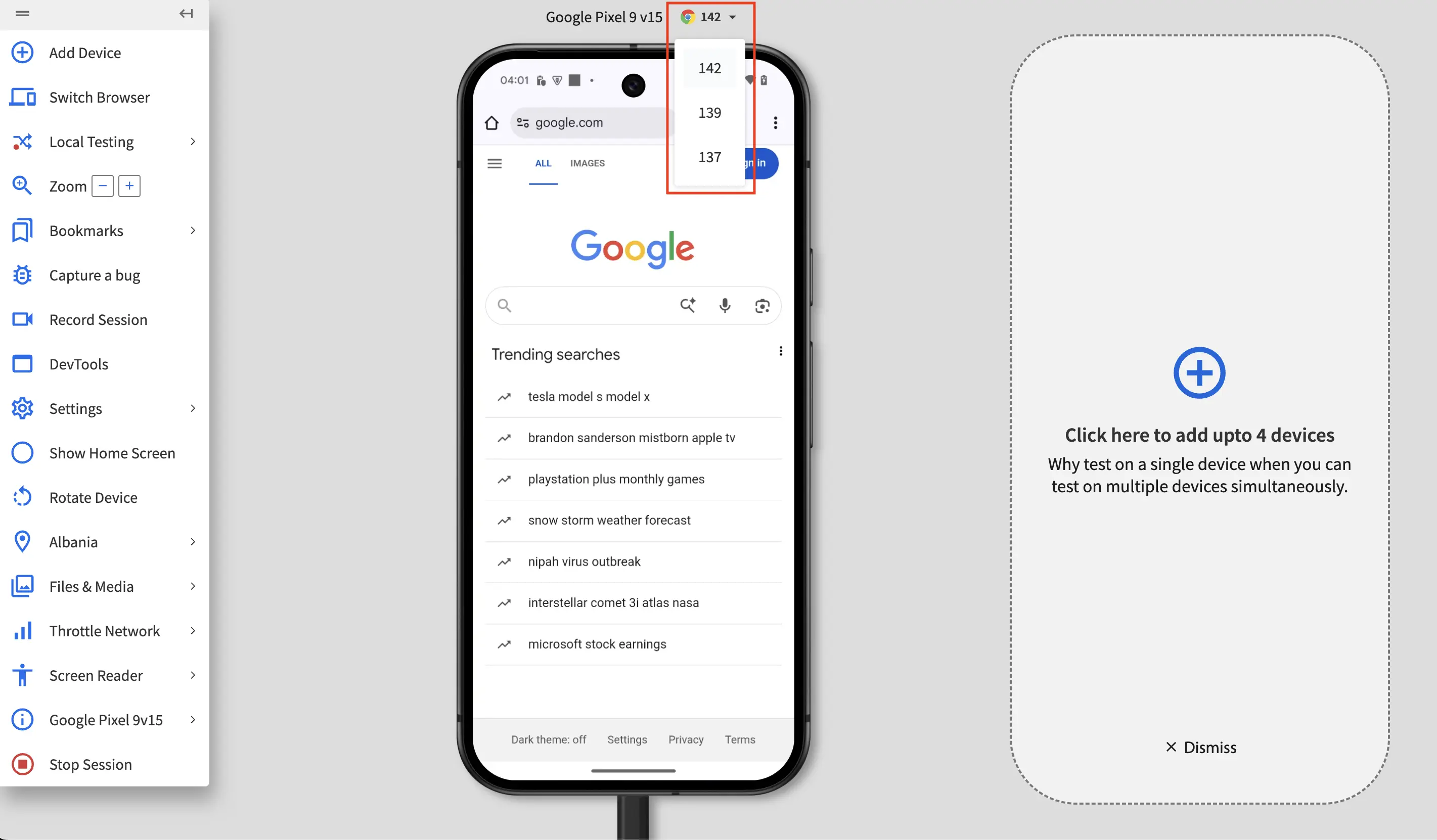 Browser version dropdown with different browser versions listed.