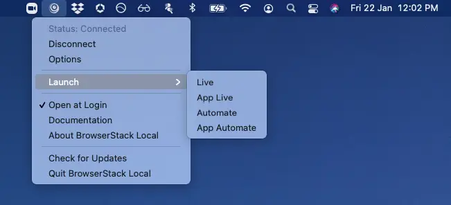 Launch dashboard right from menu bar of Browserstack local