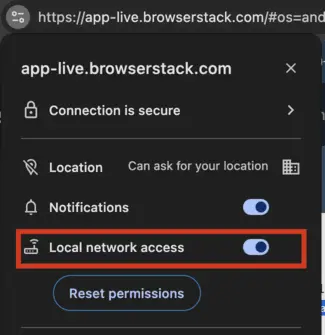 Screenshot showing Chrome's address bar with the Padlock icon expanded, displaying the Local network access permission toggle