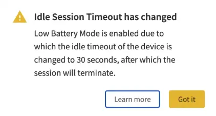 Confirmation message in the Live dashboard stating that Low Battery Mode is enabled.