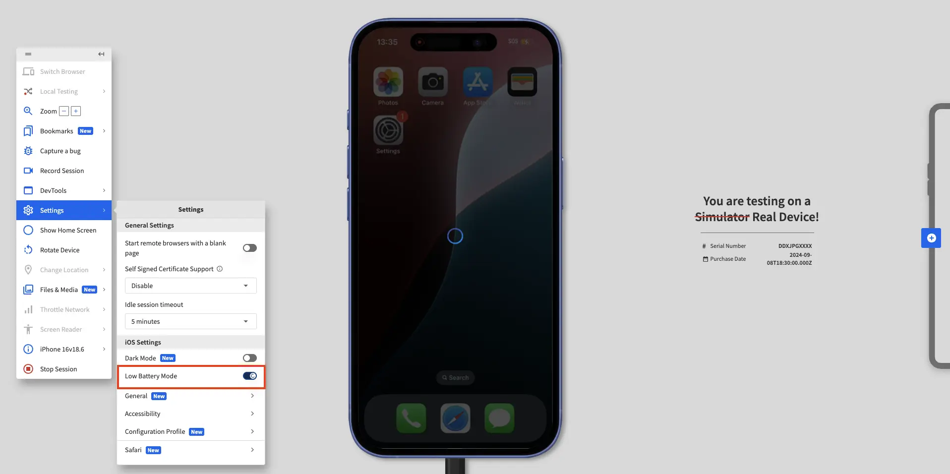 Live Settings menu with the Low Battery Mode toggle highlighted.