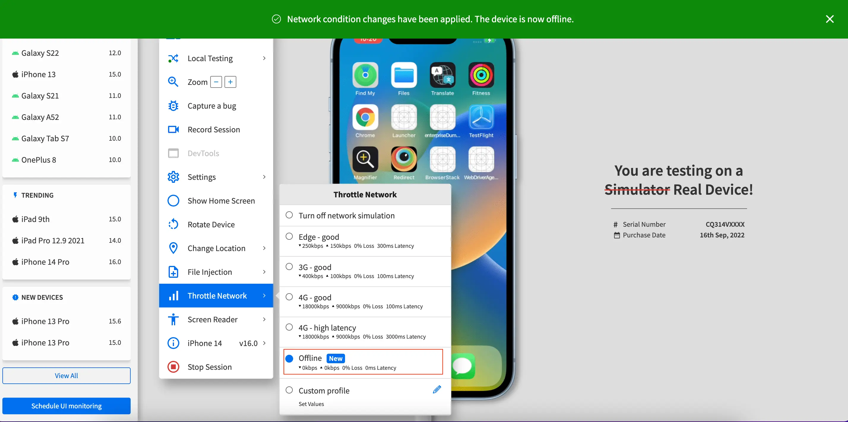 Confirmation message in the Live dashboard stating that the device is offline.