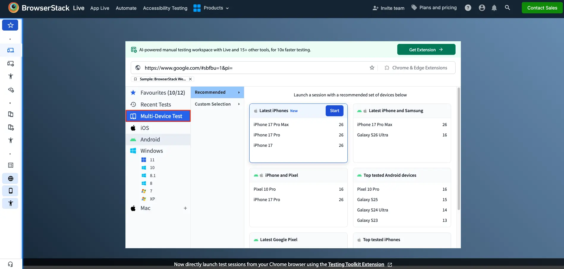 The Multi-Device Test option selected in the Live device panel, showing recommended device sets to launch.
