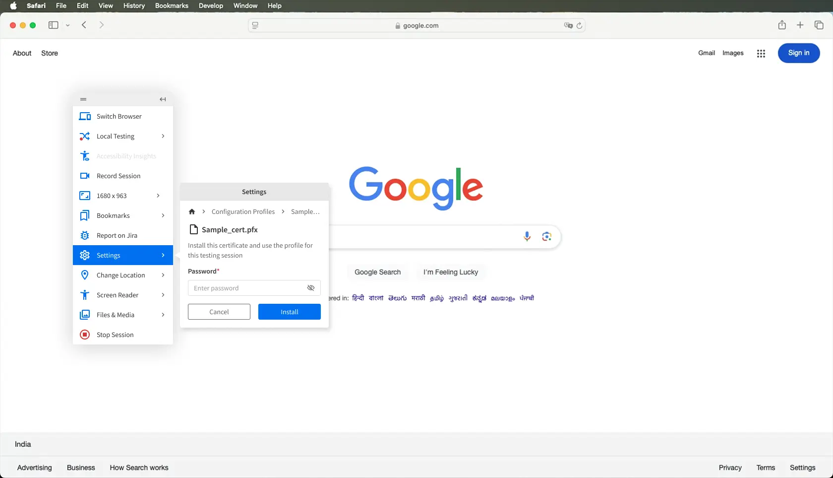The Configuration profiles prompt with a selected certificate and the enter password field.